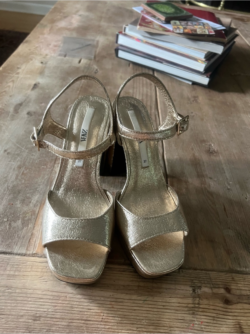 Zara Metallic Gold Platform Block Heel Sandals - Picture 7 of 10
